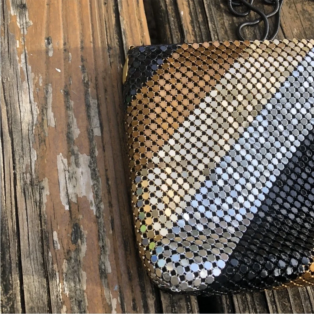 Gold Black Bronze Silver Mesh Stripe Purse Bag Cross Body Metal Vintage 70s 80s - Picture 3 of 8